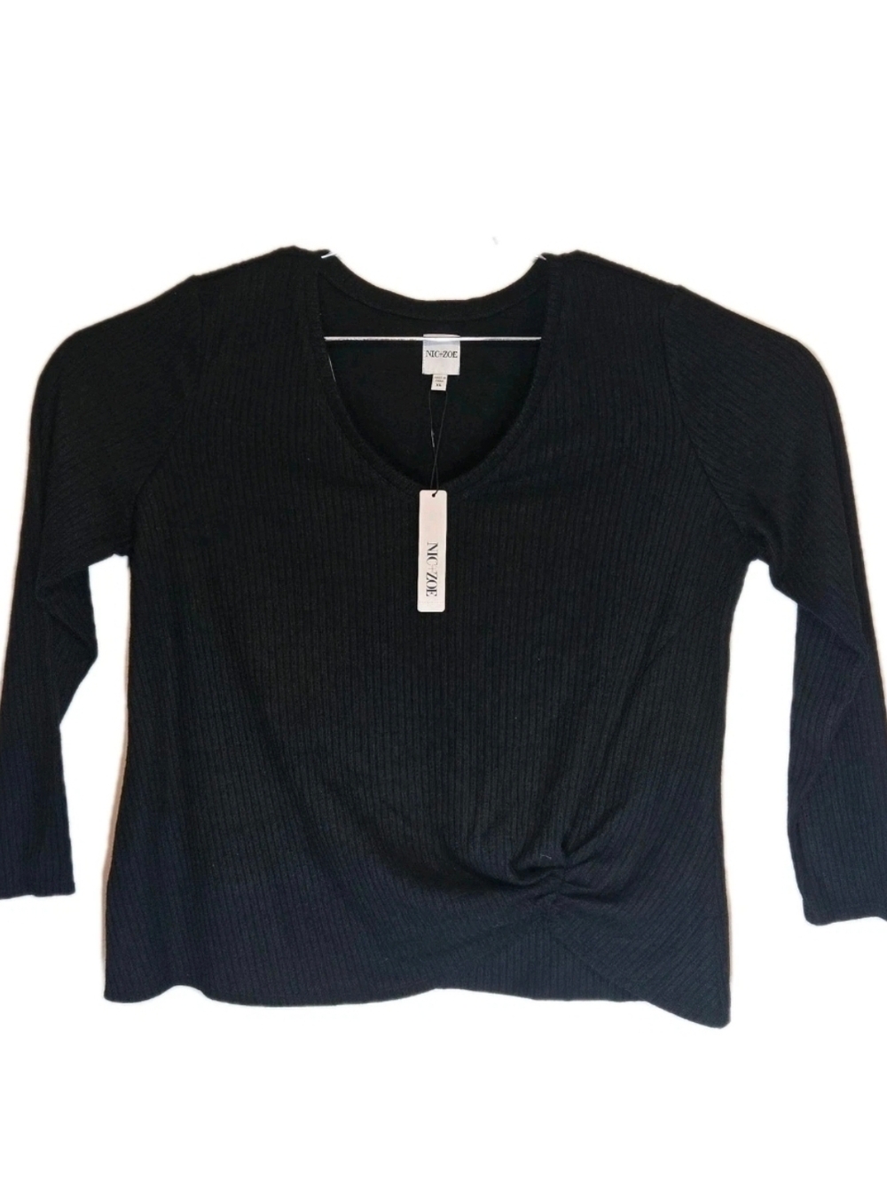 NIC+ZOE Sweater Black Ribbed Knit Twist Front V-Neck Lightweight Women’s XL New